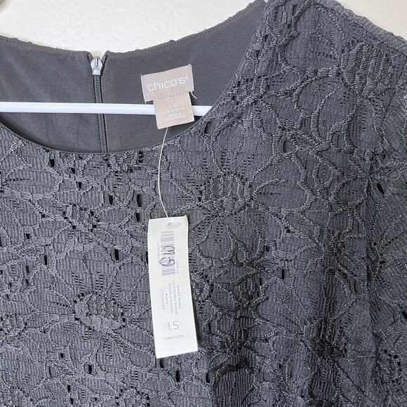 Chico's Lace Midi Dress 10 / 1.5 Black Embroidered Lace Tiered Bell Sleeve NWT - Picture 3 of 8